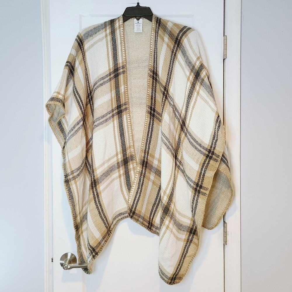 Woolrich Reversible Plaid Blanket Poncho Wrap Cream Tan One Size
